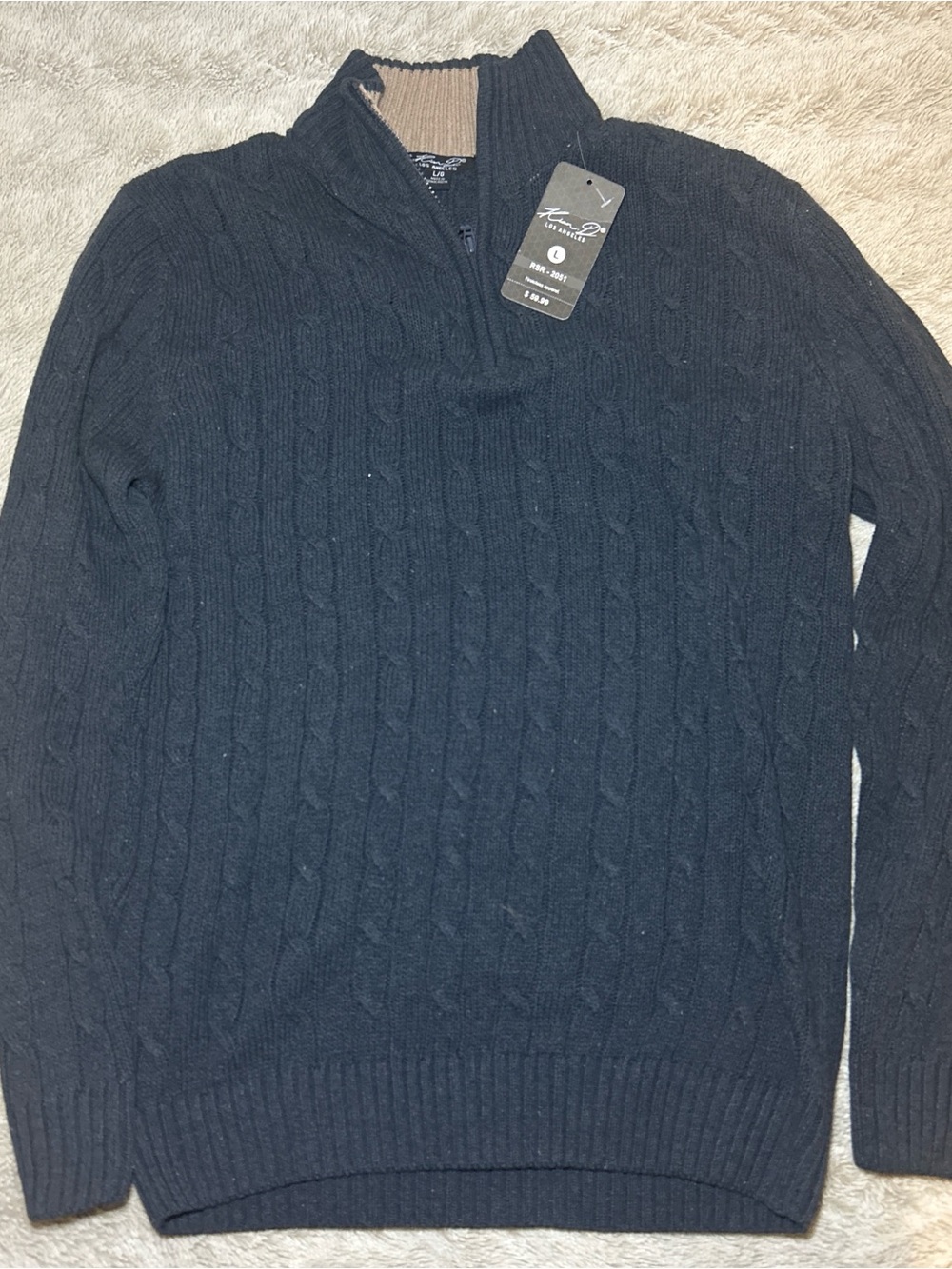 Navy Cable-Knit Half-Zip Sweater with Brown Collar Accent